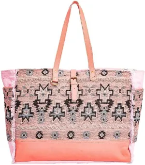Myra Bag Weekender Bag for Women - Western Upcycled Canvas and Leather Shoulder Bag Pink, S-8869
