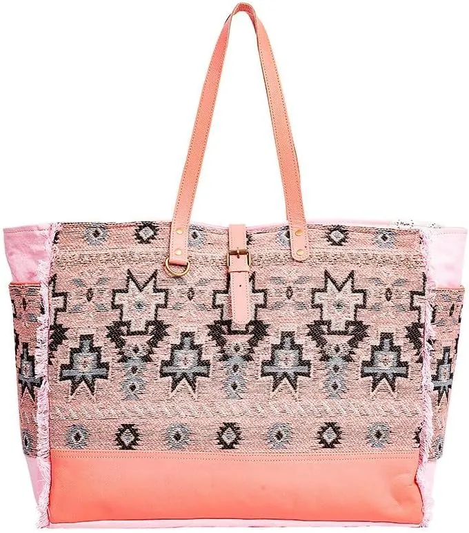 Myra Bag Weekender Bag for Women - Western Upcycled Canvas and Leather Shoulder Bag Pink, S-8869