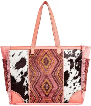 Myra Bag Weekender Bag for Women - Western Upcycled Canvas and Leather Shoulder Tote Bag Pink, S-8926