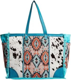 Myra Bag Weekender Bag for Women - Western Upcycled Canvas and Leather Shoulder Tote Bag Teal