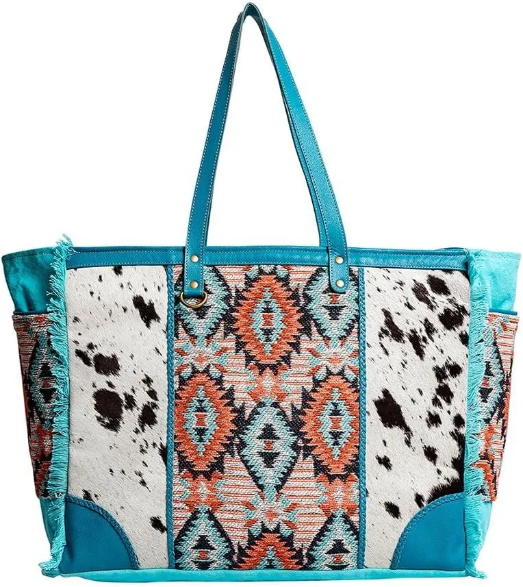 Myra Bag Weekender Bag for Women - Western Upcycled Canvas and Leather Shoulder Tote Bag Teal