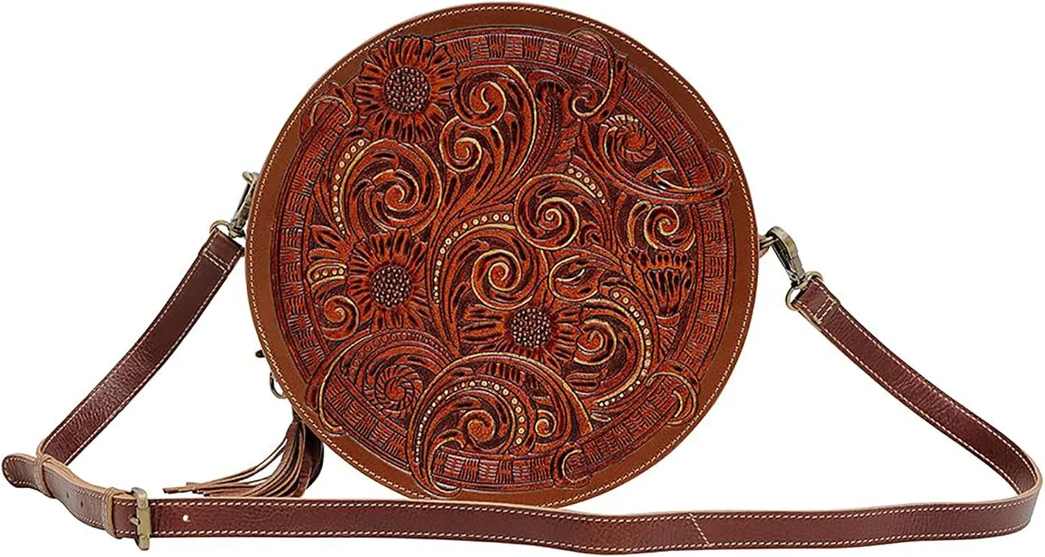 Myra Bag Western Leather Round Bag for Women - Crossbody Purse Shoulder Bag Crimson Orchid
