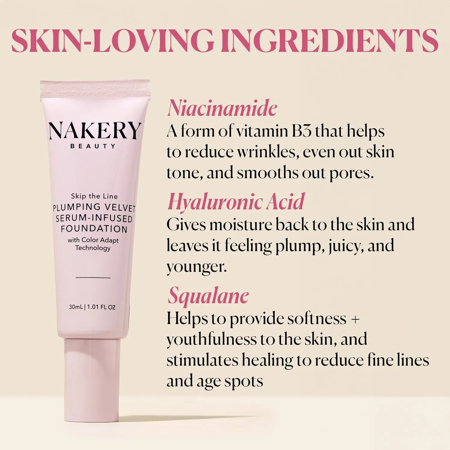 Nakery Skip the Line Full Coverage Foundation for Women - Plumping Velvet Womens Foundation Makeup Matte Finish - Age Defying Foundation - Moisturizing Foundation with Smart Color Adapt - Medium Deep