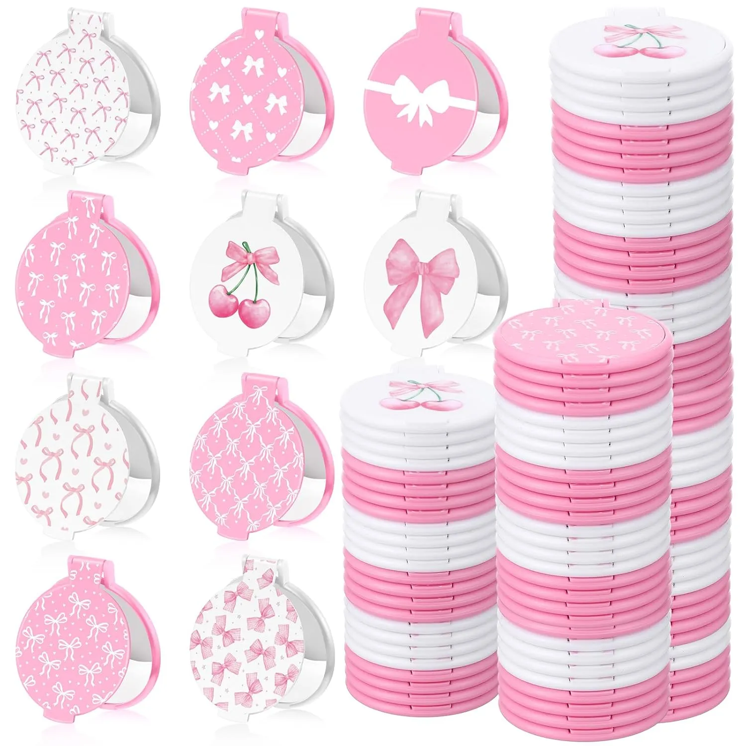 Namalu 100 Pcs Coquette Pink Bow Compact Mirrors Bulk Round Portable Makeup Travel Mini Mirror Aesthetic Preppy Gifts for Women Double Sided 2.8 Inch Makeup Favor for Purse Party Bridal Baby Shower