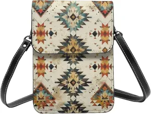 Native American Geometric Tribal Traditional Aztec Brown Crossbody Cell Phone Purse For Women Teen Girls Leather Small Crossbody Bag Mini Phone Pouch Purse, 7.5x5.3 Inches