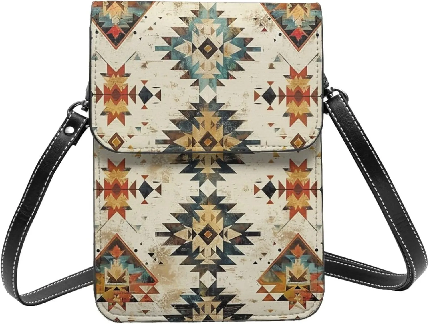 Native American Geometric Tribal Traditional Aztec Brown Crossbody Cell Phone Purse For Women Teen Girls Leather Small Crossbody Bag Mini Phone Pouch Purse, 7.5x5.3 Inches