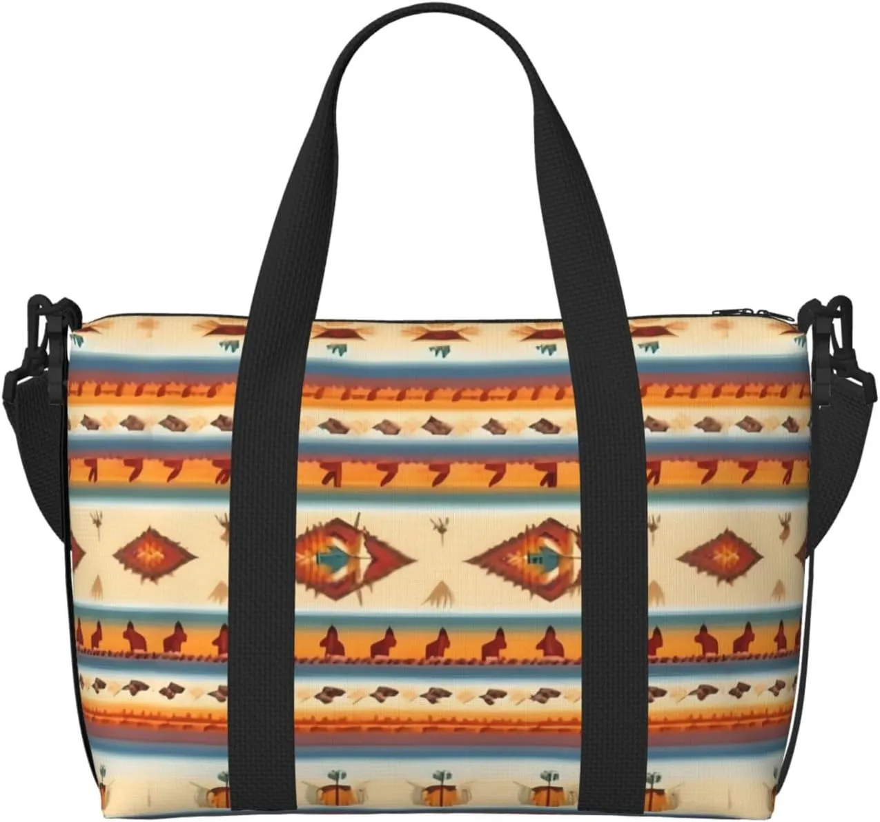 Native American Print Tote Crossbody Travel Bag with Zip Casual Handbag for Weekend Trips and Gym Shopping, Black, One Size, Travel Tote