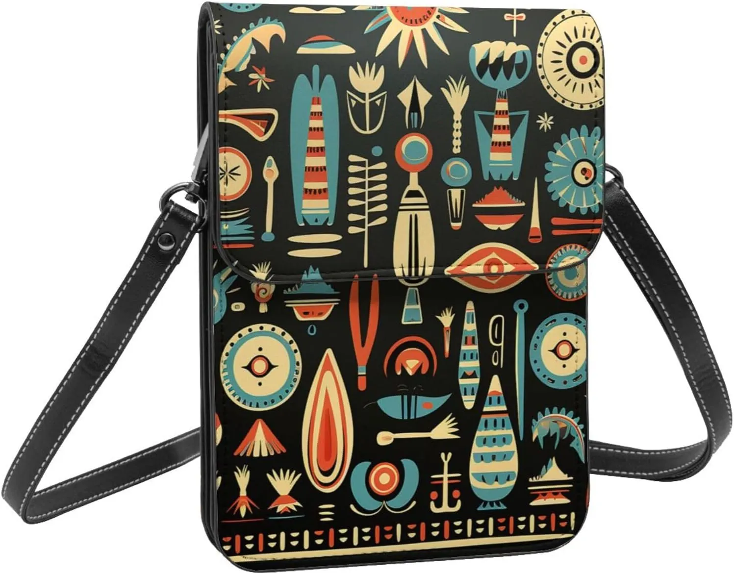 Native southwest geometric tribe vintage black crossbody cell phone purse for womens lightweight small soft leather fashion travel wallet with adjustable strap