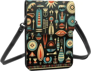 Native southwest geometric tribe vintage black crossbody cell phone purse for womens lightweight small soft leather fashion travel wallet with adjustable strap