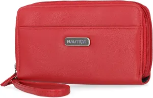 Nautica On The Double Zip Around Vegan Leather Womens RFID Clutch Wallet With Wristlet Strap, Red