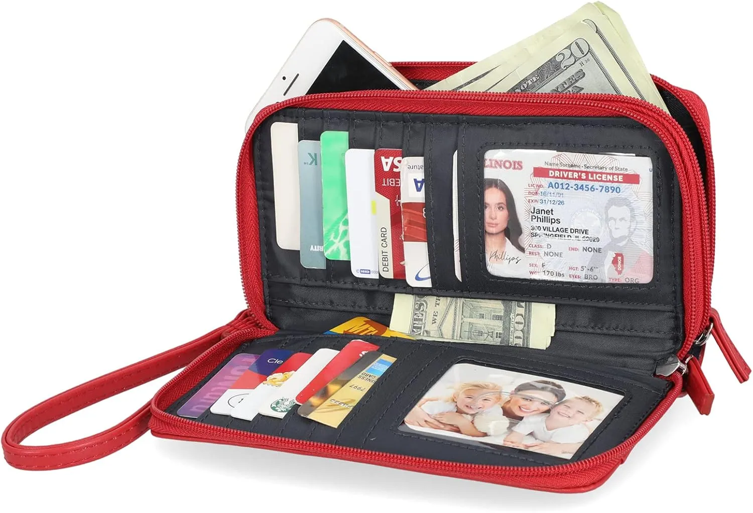 Nautica On The Double Zip Around Vegan Leather Womens RFID Clutch Wallet With Wristlet Strap, Red