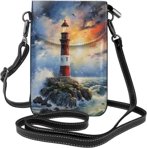 Nautical Lighthouse Leather Crossbody Bag For Women, Ocean Oil Painting Small Cell Phone Purse Mini Shoulder Phone Bag Wallet Pouch