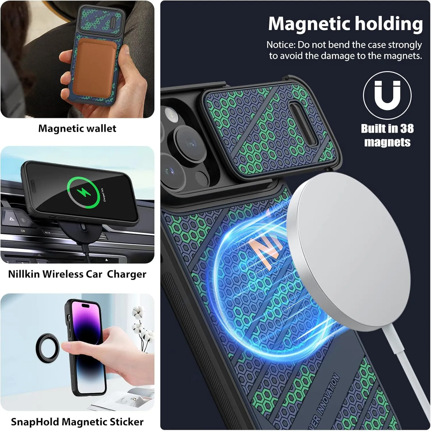 Nillkin for iPhone 14 Pro Max Magnetic Case with Camera Cover, Compatible with MagSafe, CamShield Pro Magnetic 14 Pro Max 5G Car Mount Case 6.7’’, Built-in Magnet Circle (14 Pro Max-Fancs-Blue)