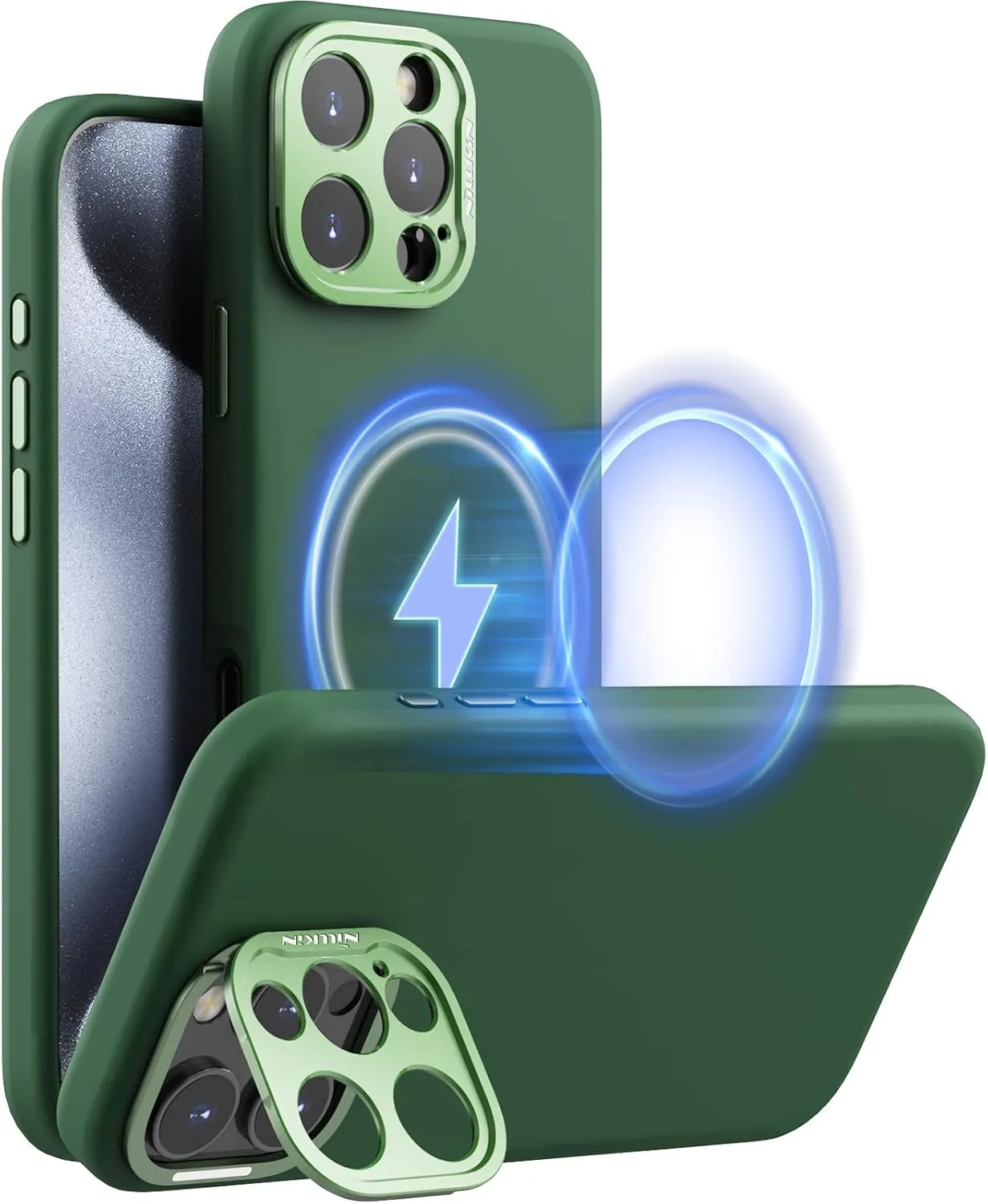 Nillkin for iPhone 16 Pro Max Case with Camera Protection & Stand, Compatible with MagSafe, Shockproof Silicone Slim Phone Case iPhone 16 Pro Max, Soft Anti-Scratch Microfiber Lining, Midnight Green