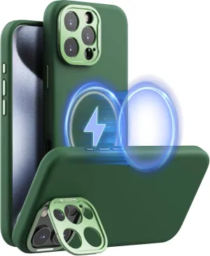 Nillkin for iPhone 16 Pro Max Case with Camera Protection & Stand, Compatible with MagSafe, Shockproof Silicone Slim Phone Case iPhone 16 Pro Max, Soft Anti-Scratch Microfiber Lining, Midnight Green