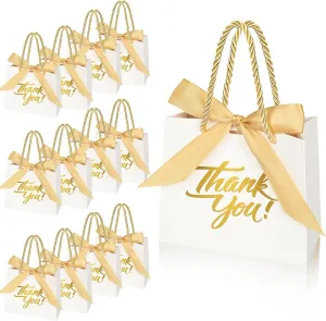 Nimbbex 50Pack Small Thank You Bags with Handles, Party Favor Bags 5.5x2.3x4.7 Inches Small White Gift Bags with Handles, Mini Paper Candy Bags with Gold Ribbon for Wedding Baby Shower Birthday