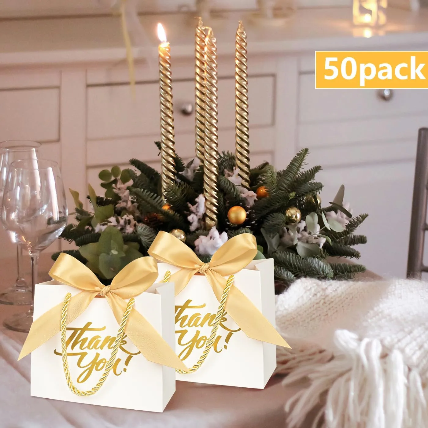 Nimbbex 50Pack Small Thank You Bags with Handles, Party Favor Bags 5.5x2.3x4.7 Inches Small White Gift Bags with Handles, Mini Paper Candy Bags with Gold Ribbon for Wedding Baby Shower Birthday
