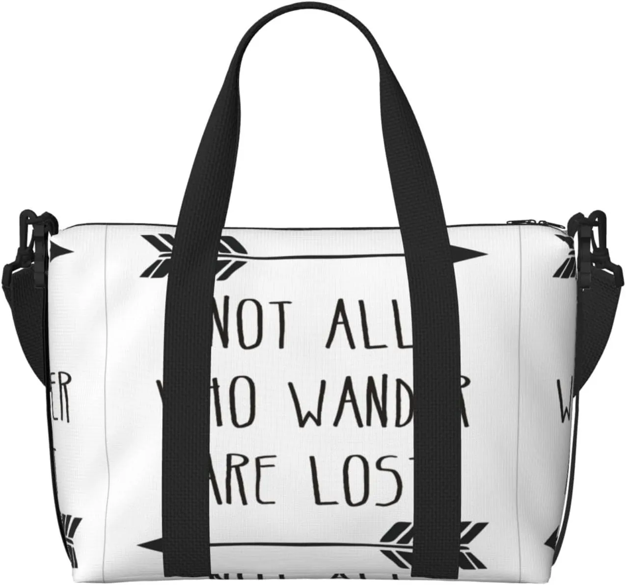 Not All Who Wander are Lost Print Tote Crossbody Travel Bag with Zip Casual Handbag for Weekend Trips and Gym Shopping, Black, One Size, Travel Tote