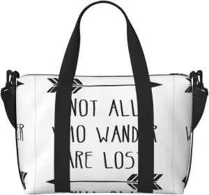 Not All Who Wander are Lost Print Tote Crossbody Travel Bag with Zip Casual Handbag for Weekend Trips and Gym Shopping, Black, One Size, Travel Tote