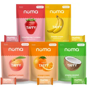 Numa Foods Healthy Chewy & Creamy Candy Variety Pack - Low Sugar, All-Natural, Gluten Free, High Protein - 5 Bags of 10 Individually Wrapped Chews Each of Vanilla Banana Strawberry Coconut Coffee