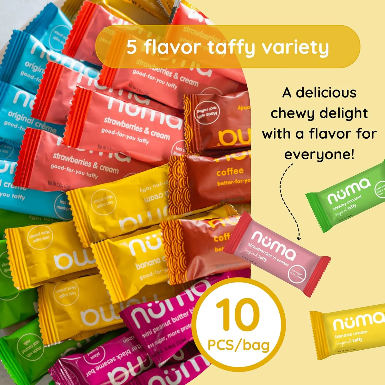 Numa Foods Healthy Chewy & Creamy Candy Variety Pack - Low Sugar, All-Natural, Gluten Free, High Protein - 5 Bags of 10 Individually Wrapped Chews Each of Vanilla Banana Strawberry Coconut Coffee