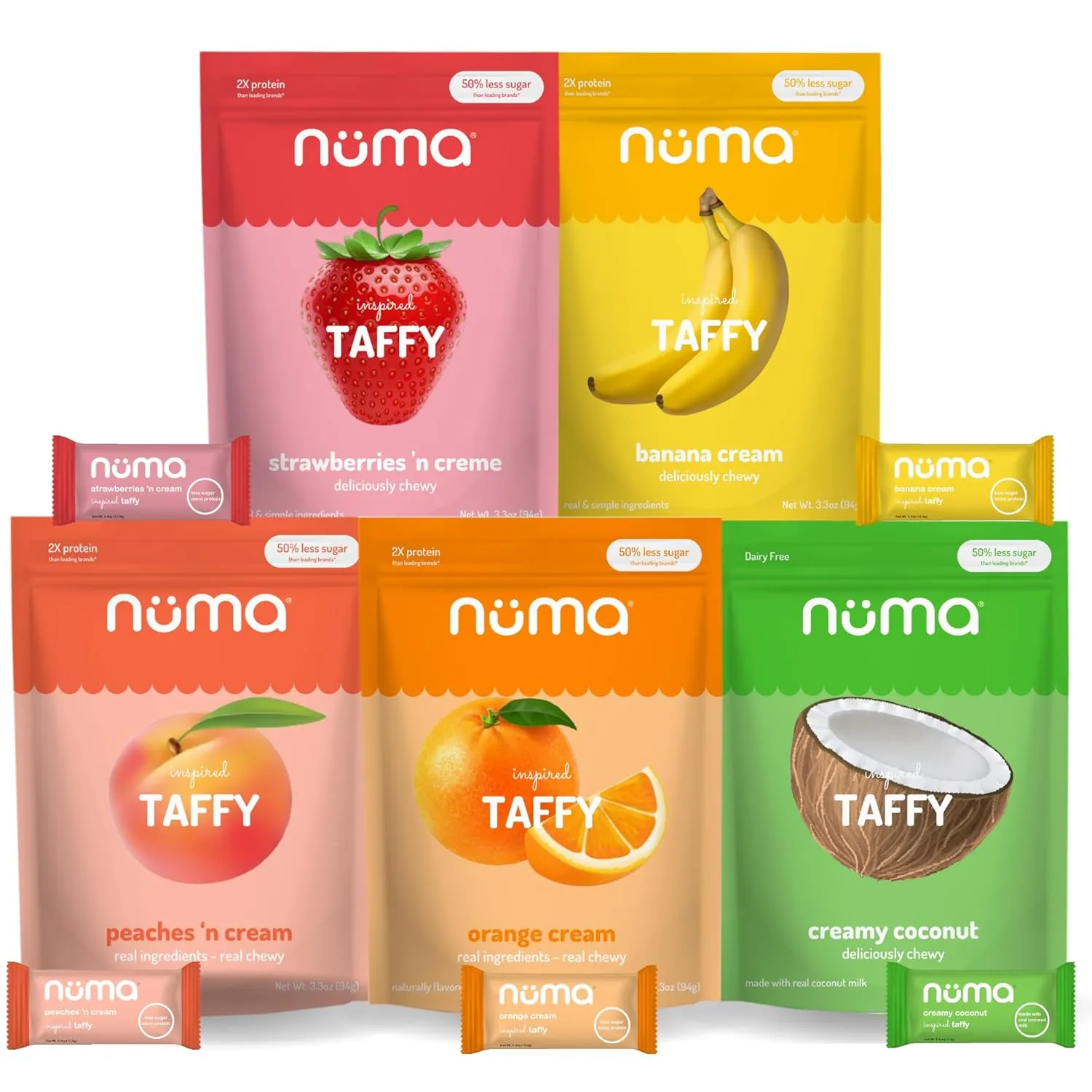 Numa Foods Healthy Chewy & Creamy Candy Variety Pack - Low Sugar, All-Natural, Gluten Free, High Protein - 5 Bags of 10 Individually Wrapped Chews Each of Vanilla Banana Strawberry Coconut Coffee