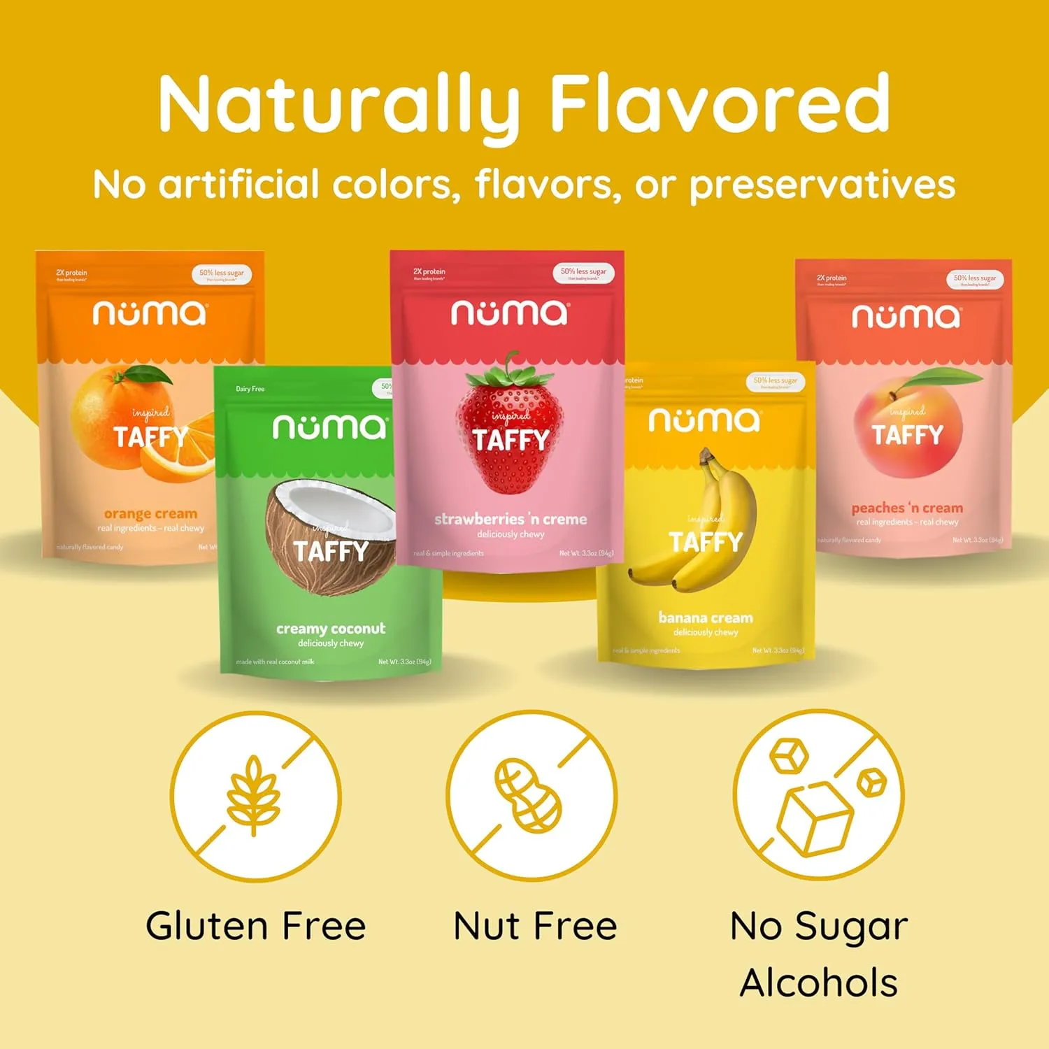 Numa Foods Healthy Chewy & Creamy Candy Variety Pack - Low Sugar, All-Natural, Gluten Free, High Protein - 5 Bags of 10 Individually Wrapped Chews Each of Vanilla Banana Strawberry Coconut Coffee