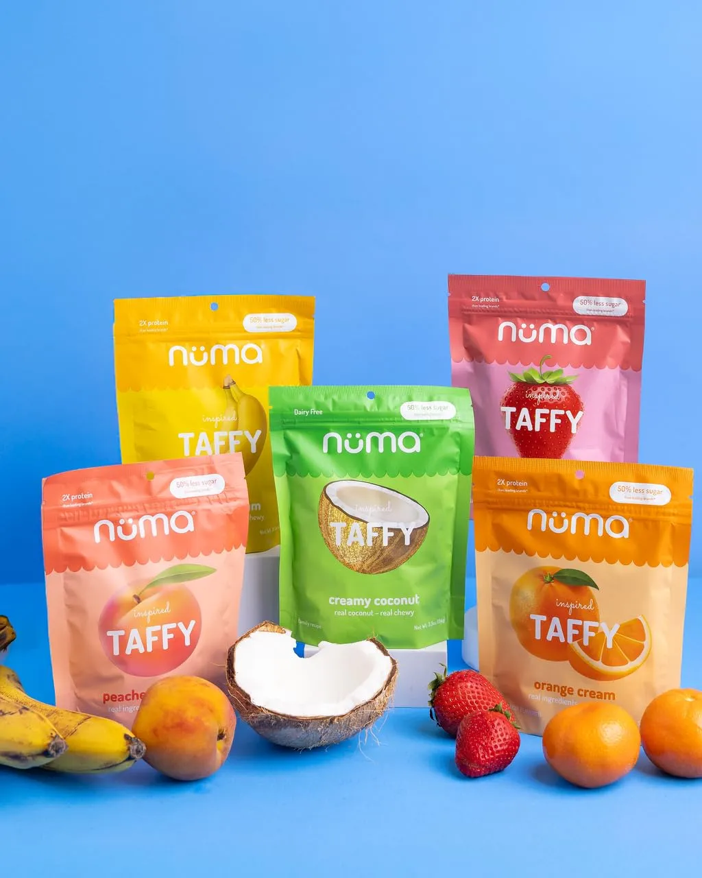 Numa Foods Healthy Chewy & Creamy Candy Variety Pack - Low Sugar, All-Natural, Gluten Free, High Protein - 5 Bags of 10 Individually Wrapped Chews Each of Vanilla Banana Strawberry Coconut Coffee
