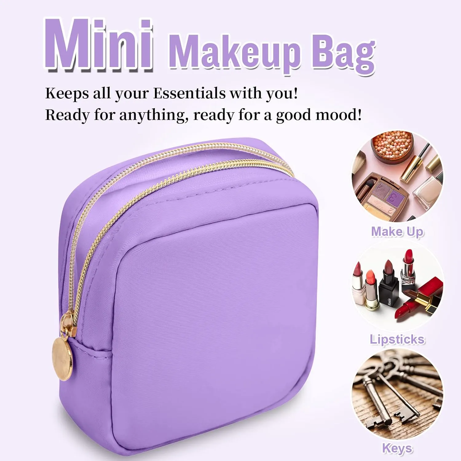 Nylon Mini Makeup Bag for Purse, Preppy Small Cute Makeup Bag Cosmetic Zipper Pouch Purse, Waterproof Travel Coin Pouch Sanitary Napkin Storage Bag Clutch Makeup Organizer for Women Men Girls(Purple)