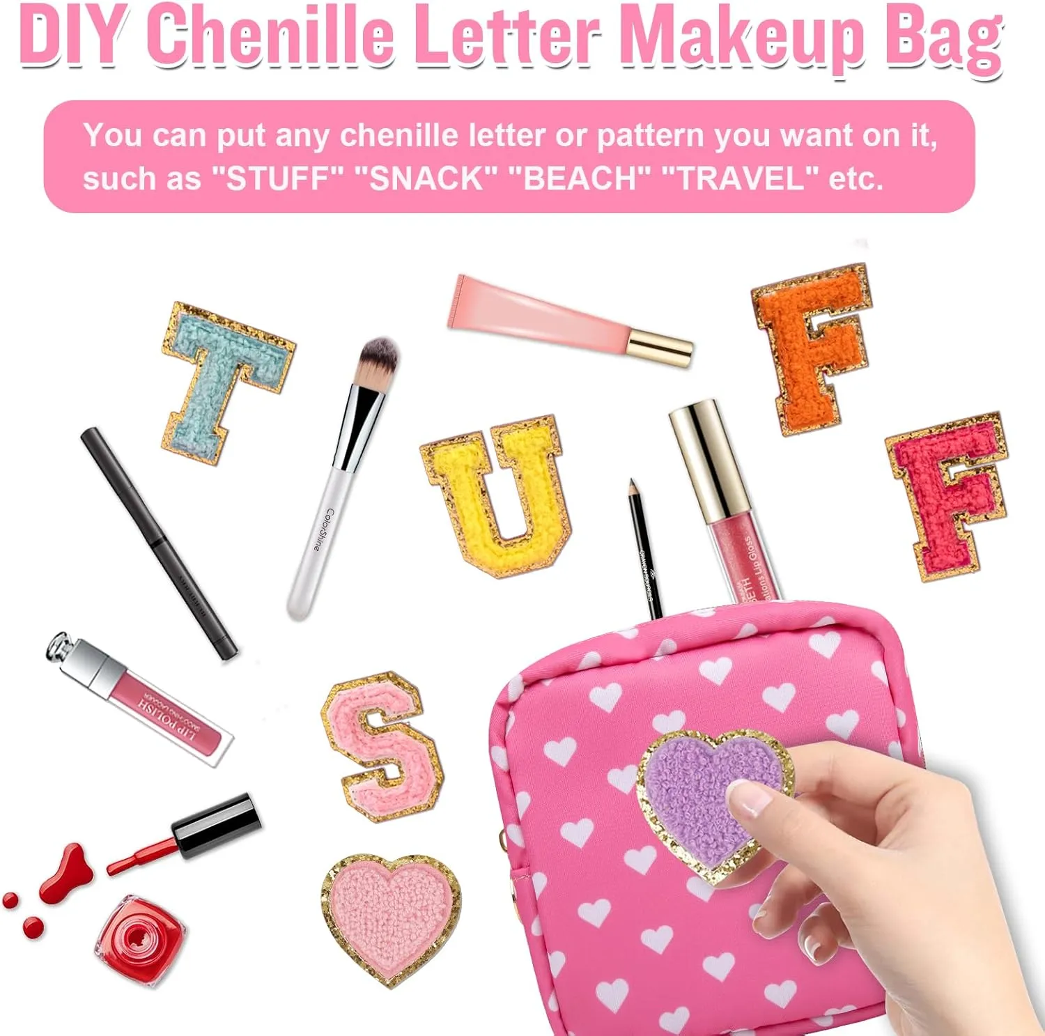 Nylon Mini Makeup Bag for Purse - Small Cute Cosmetic Zipper Pouch - Waterproof Travel Coin Pouch - Sanitary Napkin Storage - Make Up Organizer for Women & Girls (Pink Heart)