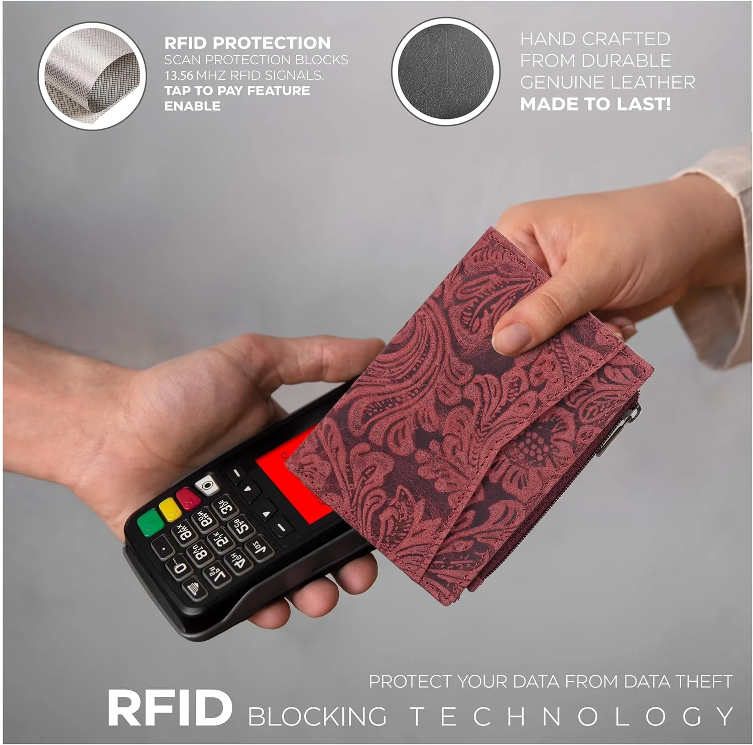 Oak Leathers Leather Wallet For Women - Small RFID Coin Purse Credit Card & ID Holder for Ladies, Gift for Women's, Bifold Wallets (Crazy Horse Red Flower)
