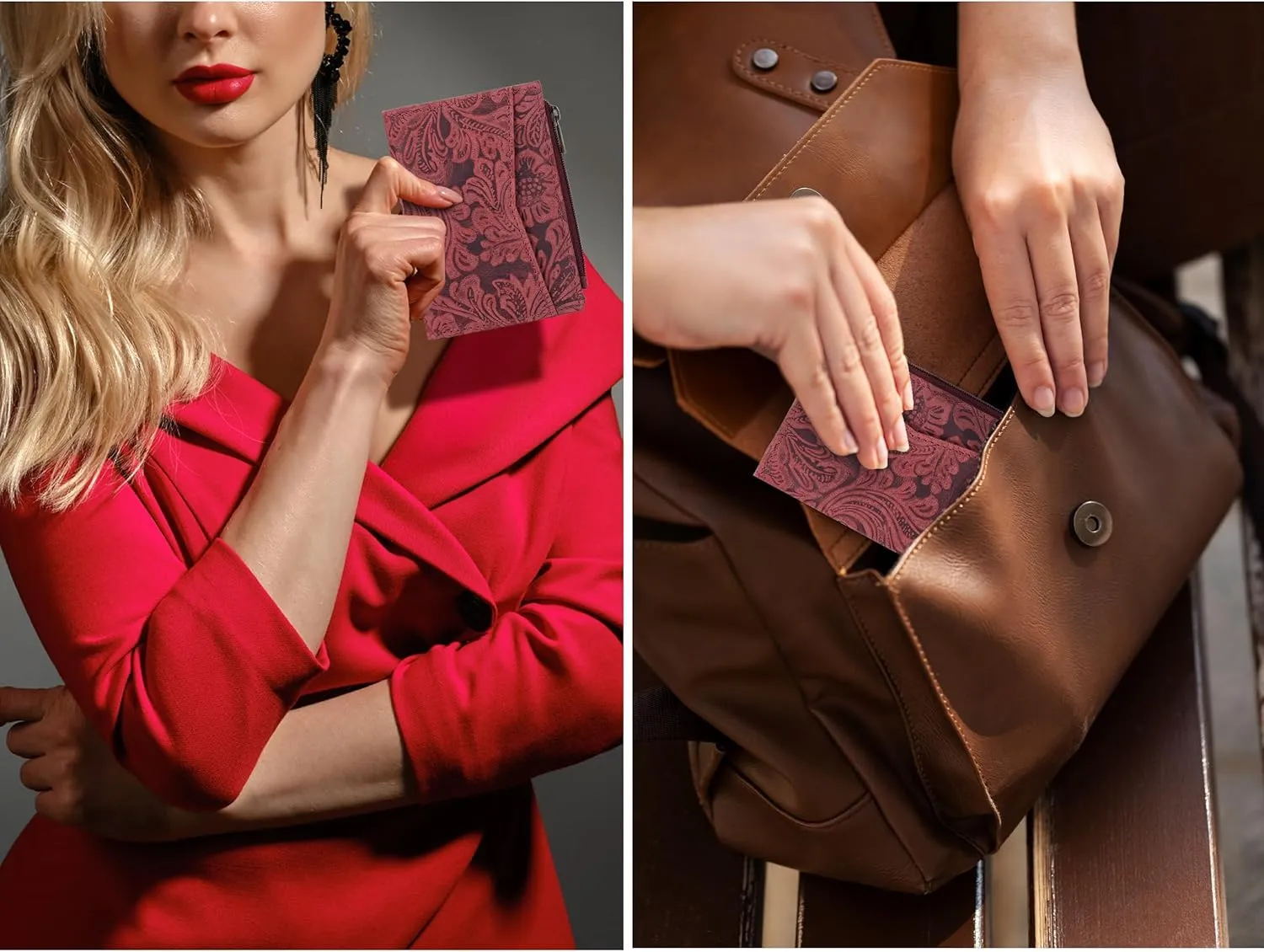 Oak Leathers Leather Wallet For Women - Small RFID Coin Purse Credit Card & ID Holder for Ladies, Gift for Women's, Bifold Wallets (Crazy Horse Red Flower)