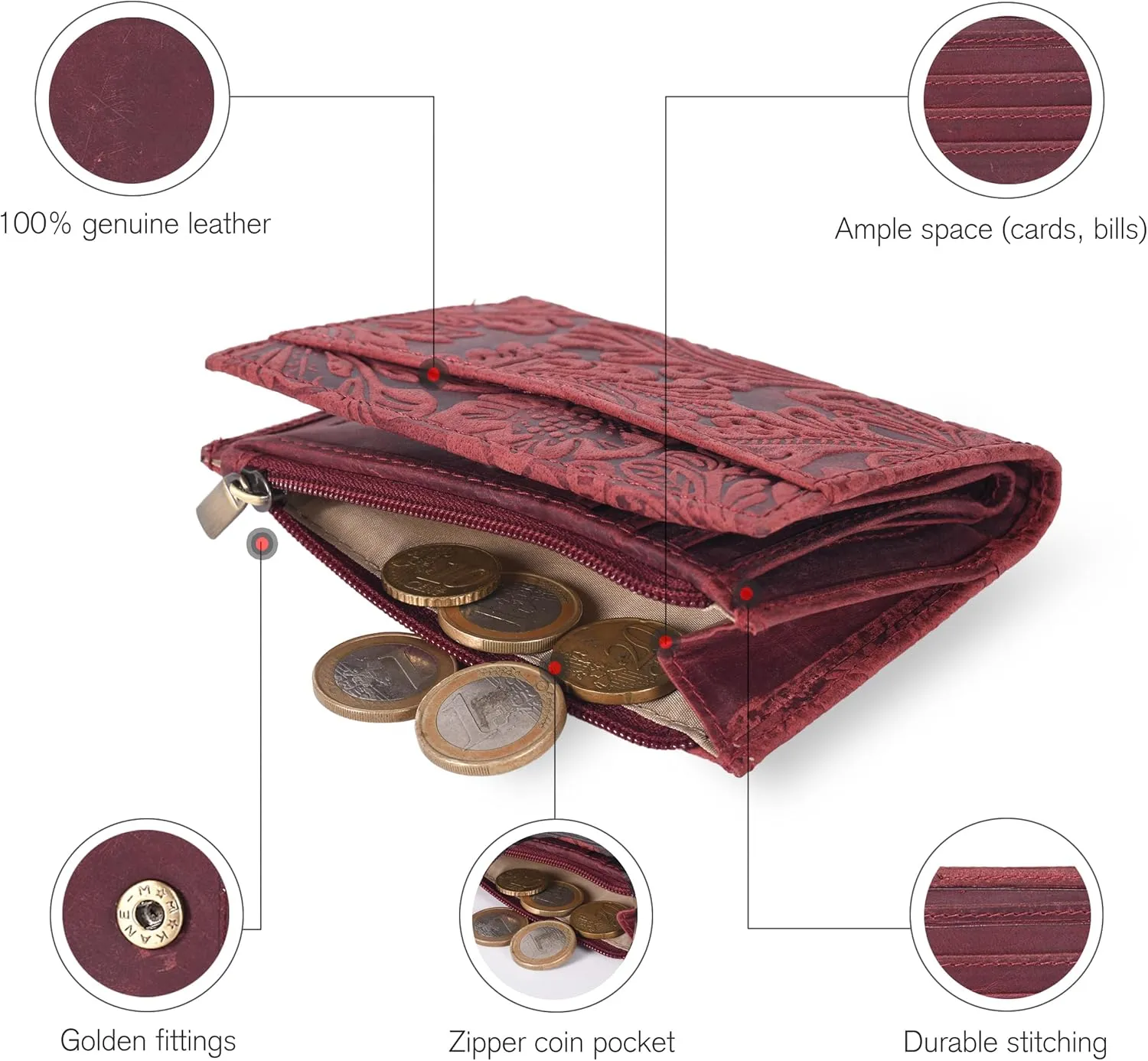 Oak Leathers Leather Wallet For Women - Small RFID Coin Purse Credit Card & ID Holder for Ladies, Gift for Women's, Bifold Wallets (Crazy Horse Red Flower)