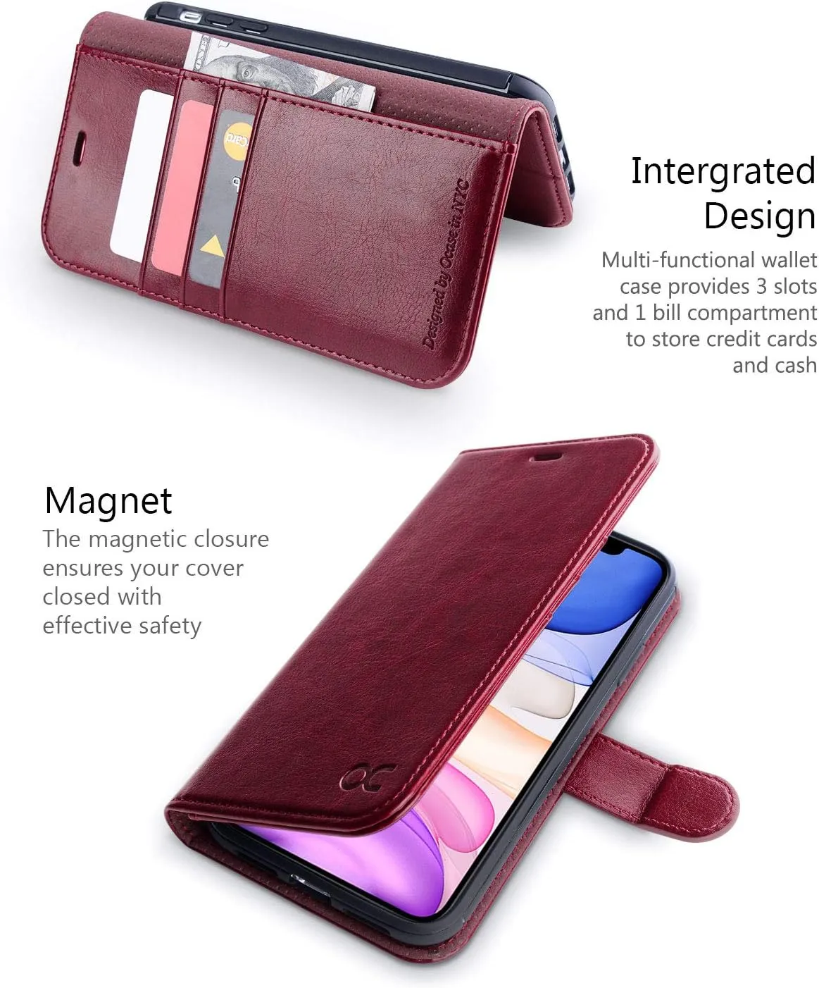 OCASE Compatible with iPhone 11 Wallet Case with Card Holder, PU Leather Flip Case with Kickstand and Magnetic Closure, TPU Shockproof Interior Protective Cover 6.1 Inch 2019 (Burgundy)