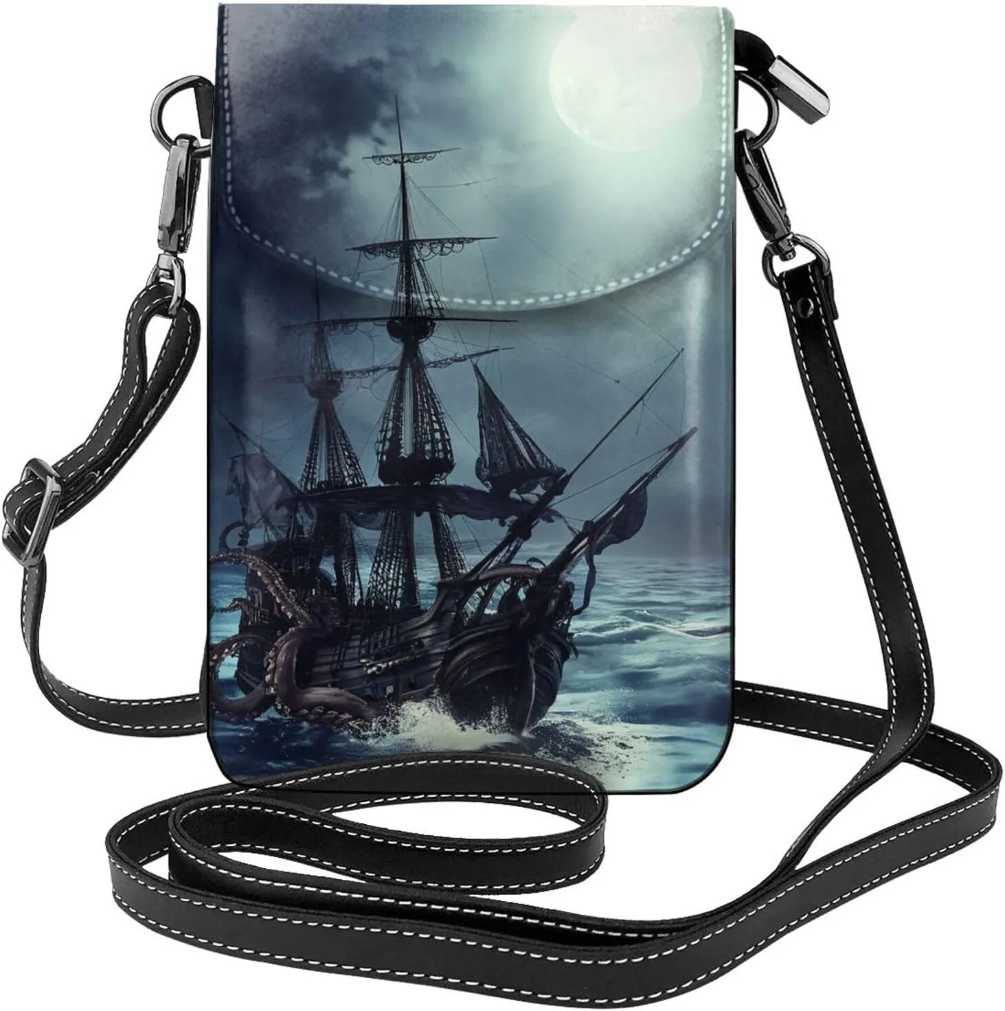 Ocean Octopus Leather Crossbody Bag For Women, Kraken Octopus Ship Small Cell Phone Purse Mini Shoulder Phone Bag Wallet Pouch