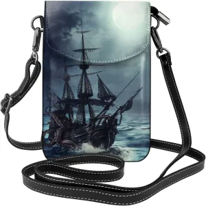 Ocean Octopus Leather Crossbody Bag For Women, Kraken Octopus Ship Small Cell Phone Purse Mini Shoulder Phone Bag Wallet Pouch