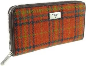 of Scotland Harris Tweed Wallet Large Zip Purse for Women Made in Scotland (Orange Check)
