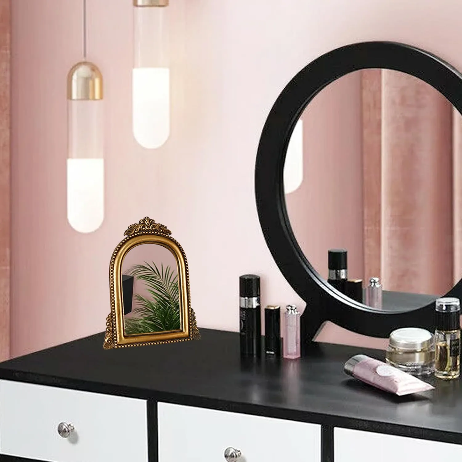 OIGUMR Gold Ornate Baroque Mirror Vanity Desk Table Mirror Arched Makeup Mirror Antique Mirror with Resin Frame 9.6X6.5 inch