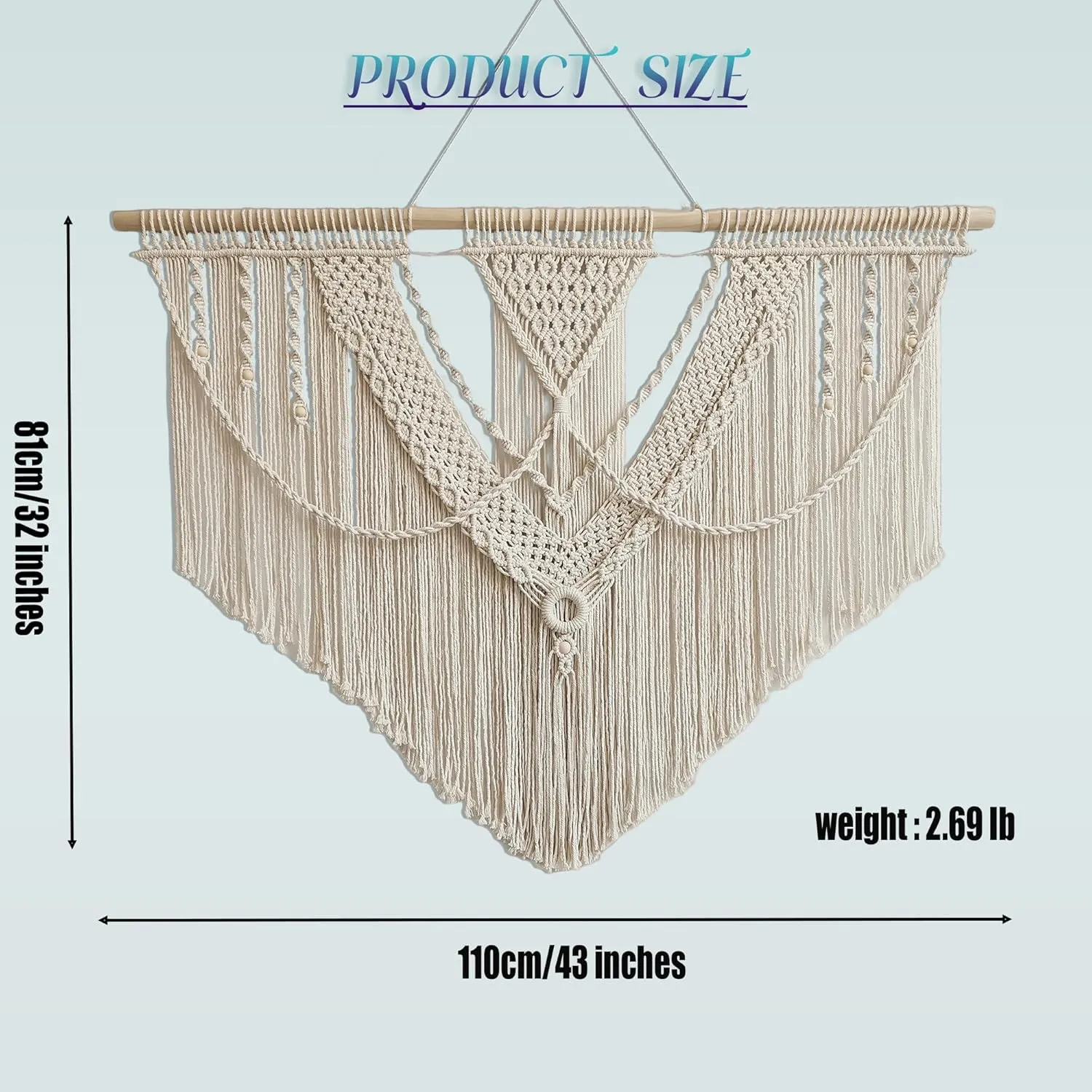 oiikain Large Handmade Boho Macrame Wall Hanging Tapestry - Chic Bohemian Woven Home Decor art for Living Room, Bedroom, and Wedding Parties (Beige, Large Sigle Triangle)