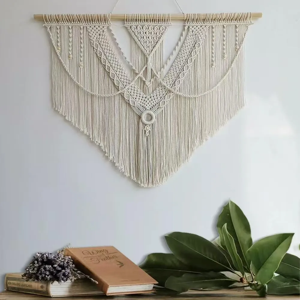 oiikain Large Handmade Boho Macrame Wall Hanging Tapestry - Chic Bohemian Woven Home Decor art for Living Room, Bedroom, and Wedding Parties (Beige, Large Sigle Triangle)
