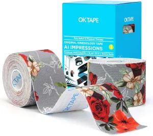 OK TAPE Patterned Kinesiology Tape, Elastic Physical Therapy Athletic Tape for Pain Relief & Muscle Support, Uncut Kinetic Tape, 2in x 16.4ft- 2 Rolls (Rose)