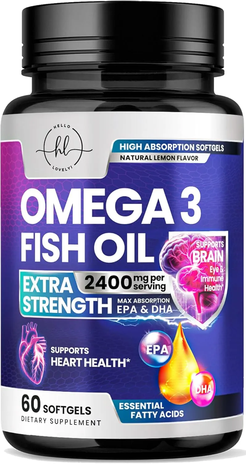 Omega 3 Fish Oil Triple Strength 2400 mg Rapid Release Softgels, Omega-3 Supplements, Natural Heart Health Brain & Joint Support - Fatty Acids with EPA & DHA - Fish Oil Supplement - 60 Softgels