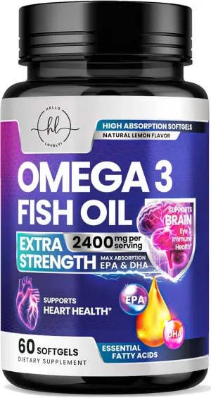 Omega 3 Fish Oil Triple Strength 2400 mg Rapid Release Softgels, Omega-3 Supplements, Natural Heart Health Brain & Joint Support - Fatty Acids with EPA & DHA - Fish Oil Supplement - 60 Softgels