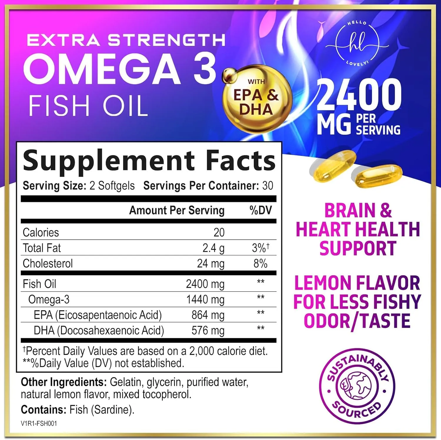 Omega 3 Fish Oil Triple Strength 2400 mg Rapid Release Softgels, Omega-3 Supplements, Natural Heart Health Brain & Joint Support - Fatty Acids with EPA & DHA - Fish Oil Supplement - 60 Softgels