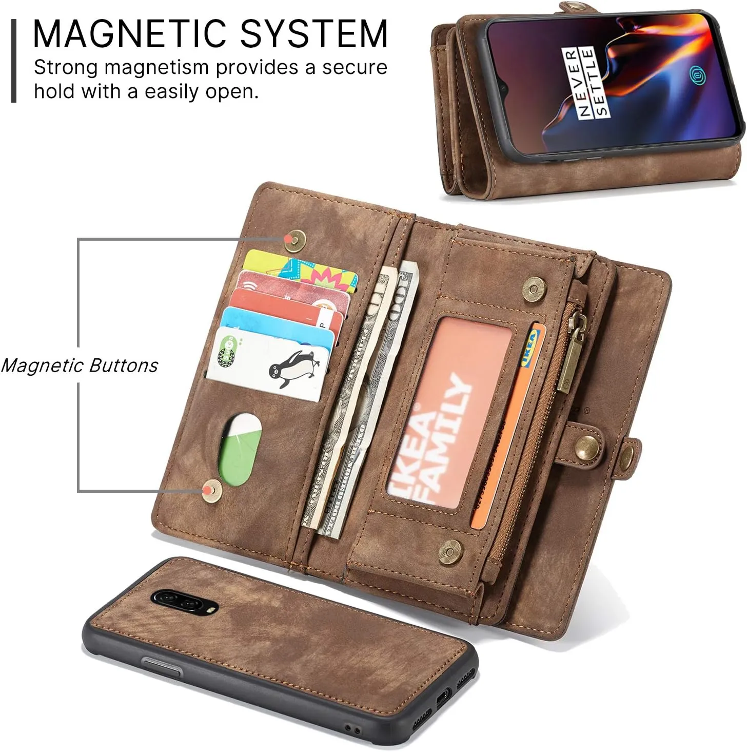 OnePlus 6T Leather Wallet Zipper Purse Detachable Card Slots Holder Flip Case Magnetic Handle Shockproof Cover Pocket Wallet Handbag for OnePlus 6T 1 6T OnePlus 6T McLaren (Brown)