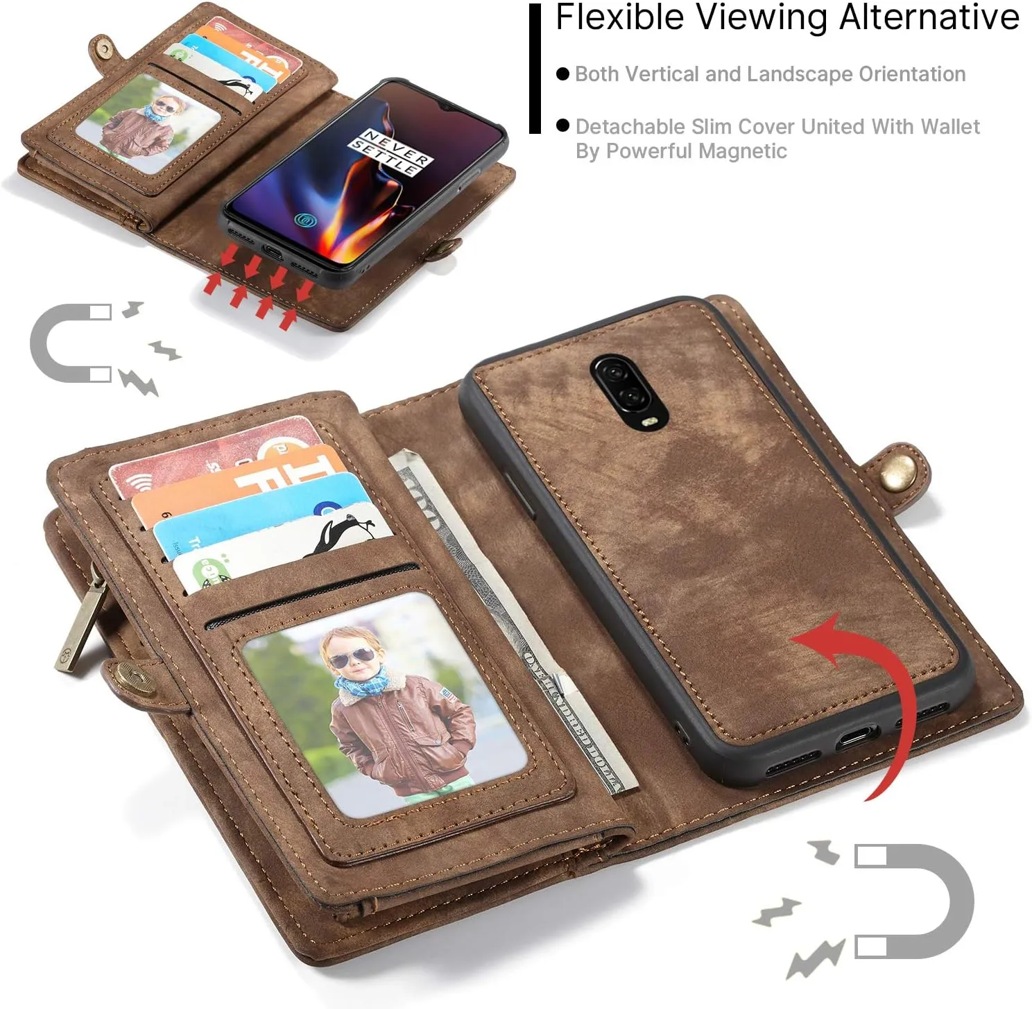 OnePlus 6T Leather Wallet Zipper Purse Detachable Card Slots Holder Flip Case Magnetic Handle Shockproof Cover Pocket Wallet Handbag for OnePlus 6T 1 6T OnePlus 6T McLaren (Brown)