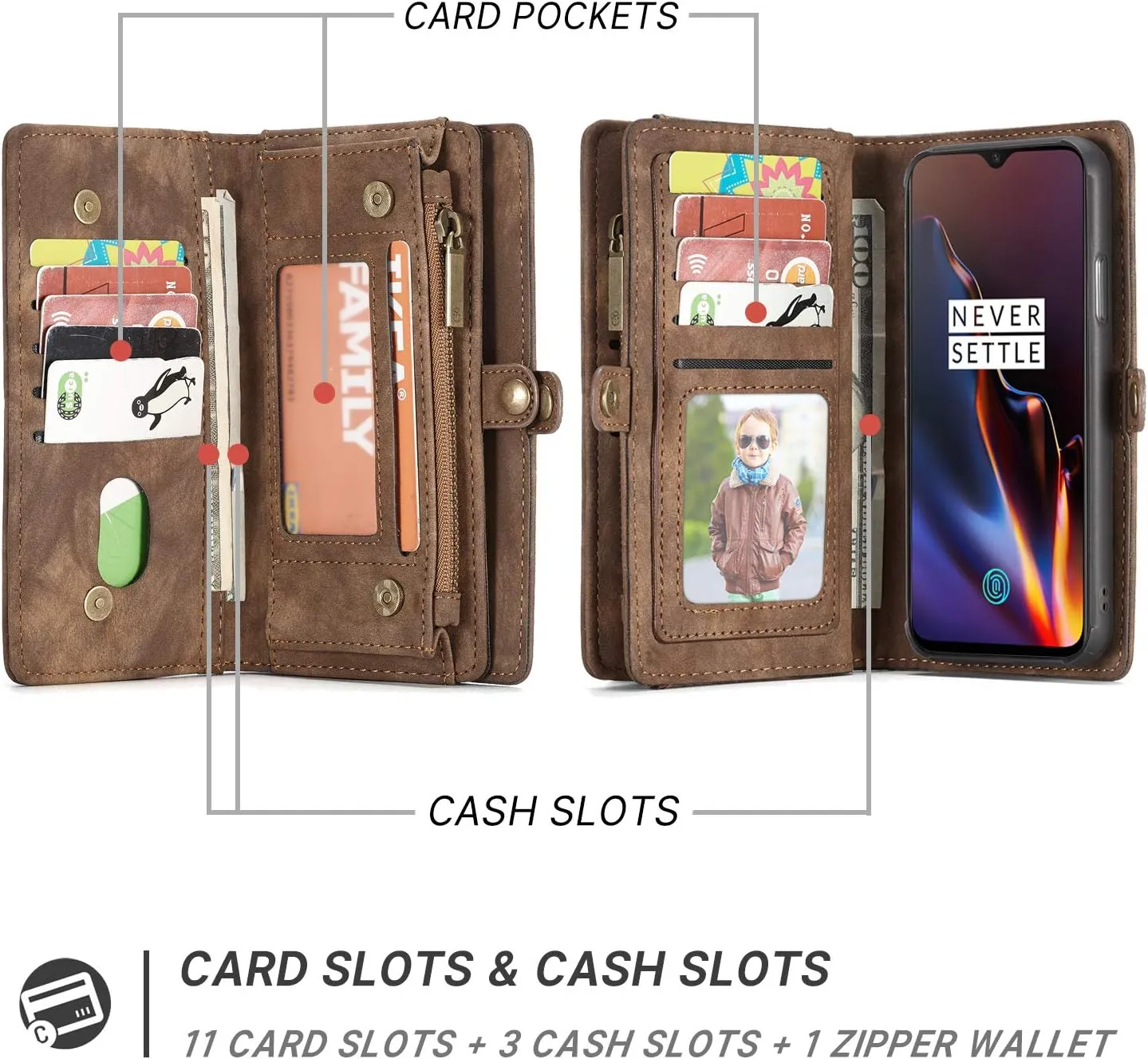 OnePlus 6T Leather Wallet Zipper Purse Detachable Card Slots Holder Flip Case Magnetic Handle Shockproof Cover Pocket Wallet Handbag for OnePlus 6T 1 6T OnePlus 6T McLaren (Brown)