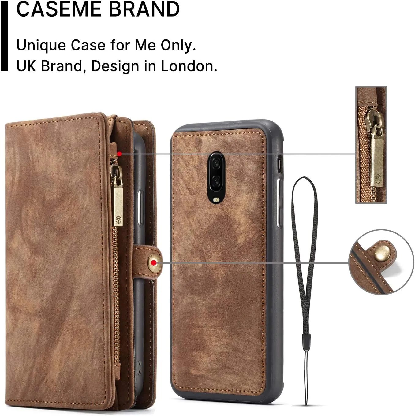 OnePlus 6T Leather Wallet Zipper Purse Detachable Card Slots Holder Flip Case Magnetic Handle Shockproof Cover Pocket Wallet Handbag for OnePlus 6T 1 6T OnePlus 6T McLaren (Brown)