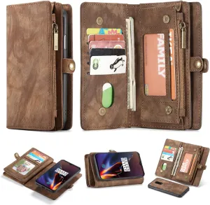 OnePlus 6T Leather Wallet Zipper Purse Detachable Card Slots Holder Flip Case Magnetic Handle Shockproof Cover Pocket Wallet Handbag for OnePlus 6T 1 6T OnePlus 6T McLaren (Brown)