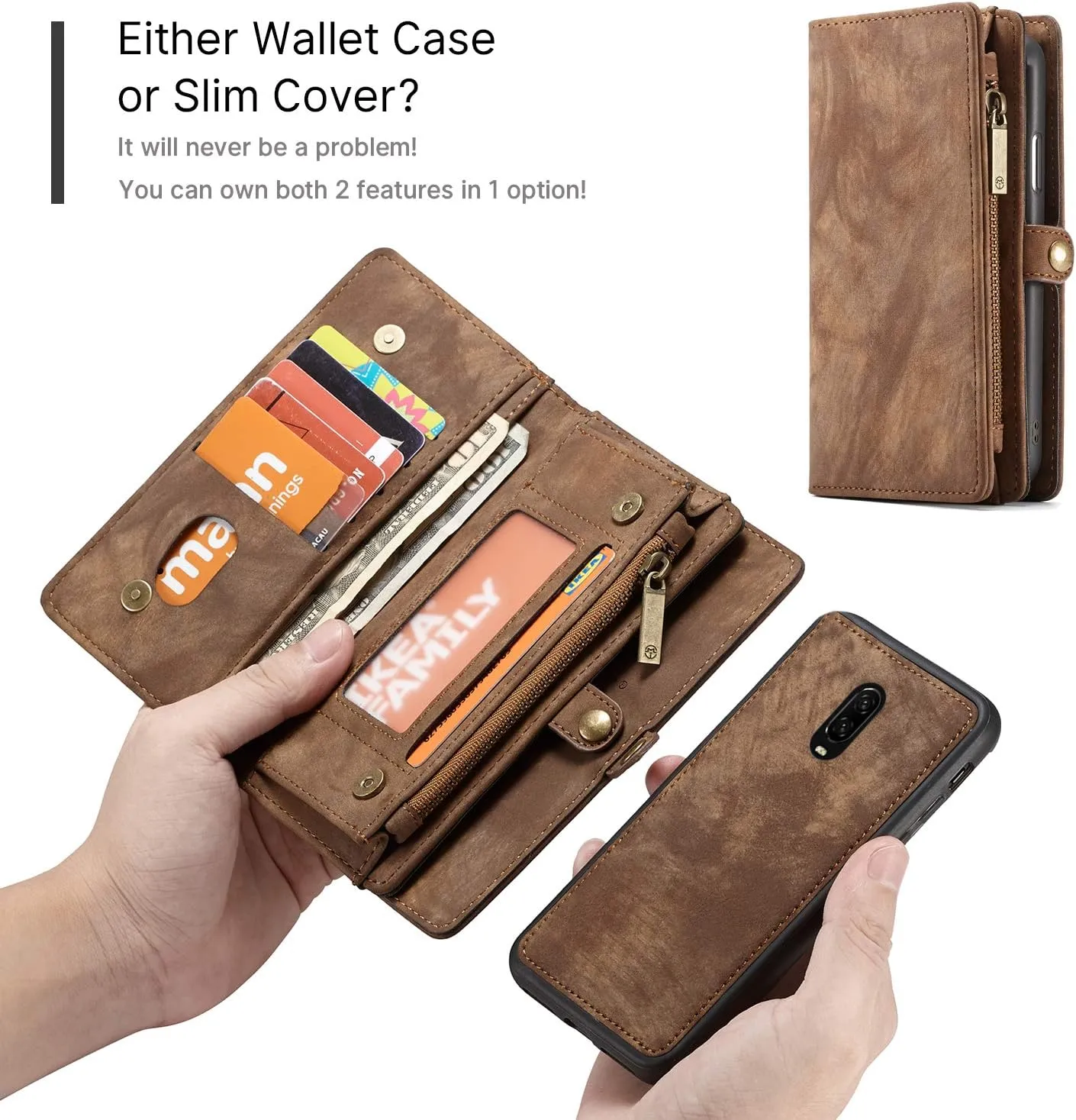 OnePlus 6T Leather Wallet Zipper Purse Detachable Card Slots Holder Flip Case Magnetic Handle Shockproof Cover Pocket Wallet Handbag for OnePlus 6T 1 6T OnePlus 6T McLaren (Brown)